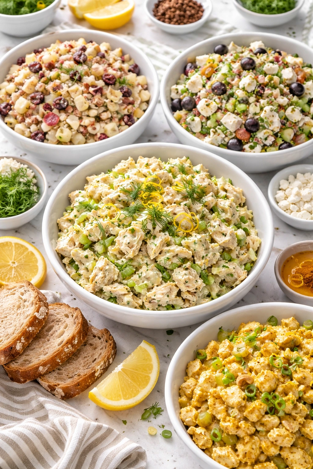 Chicken salad with dill and lemon zest in a white bowl