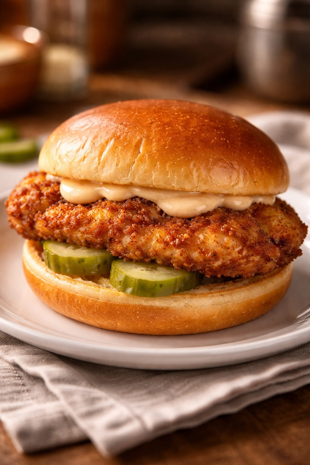 Juicy chicken sandwich on a buttered bun with pickle chips