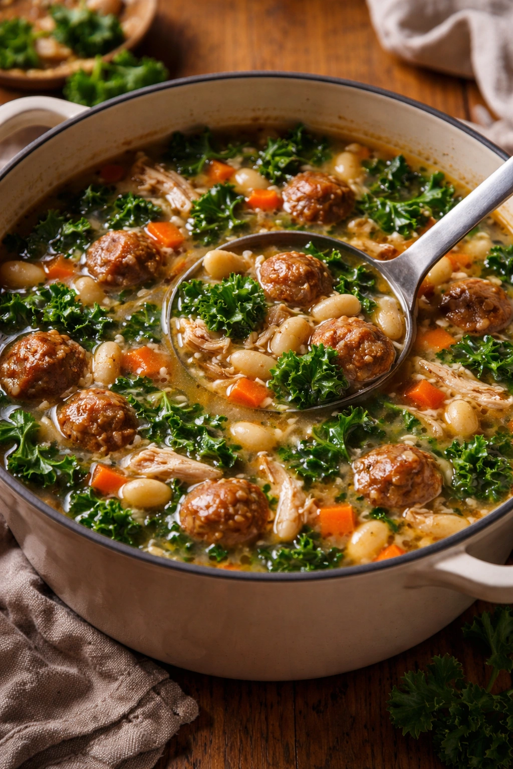 Hearty chicken soup with kale, beans, and sausage in a bowl