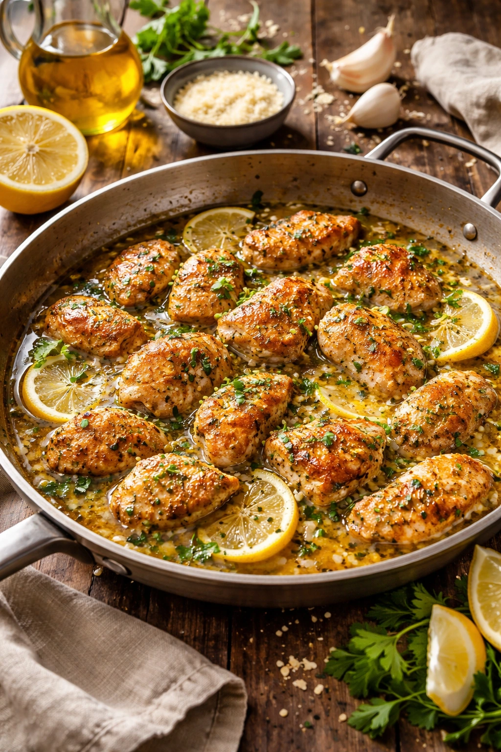 Close-up of chicken scampi in lemon-garlic butter sauce with glossy pan glaze
