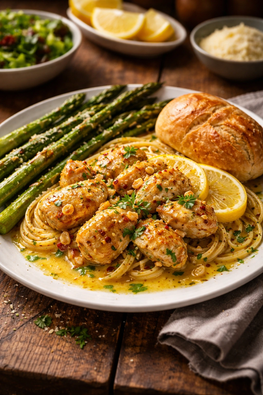 Plated chicken scampi with asparagus and crusty bread, bright lemon butter sauce