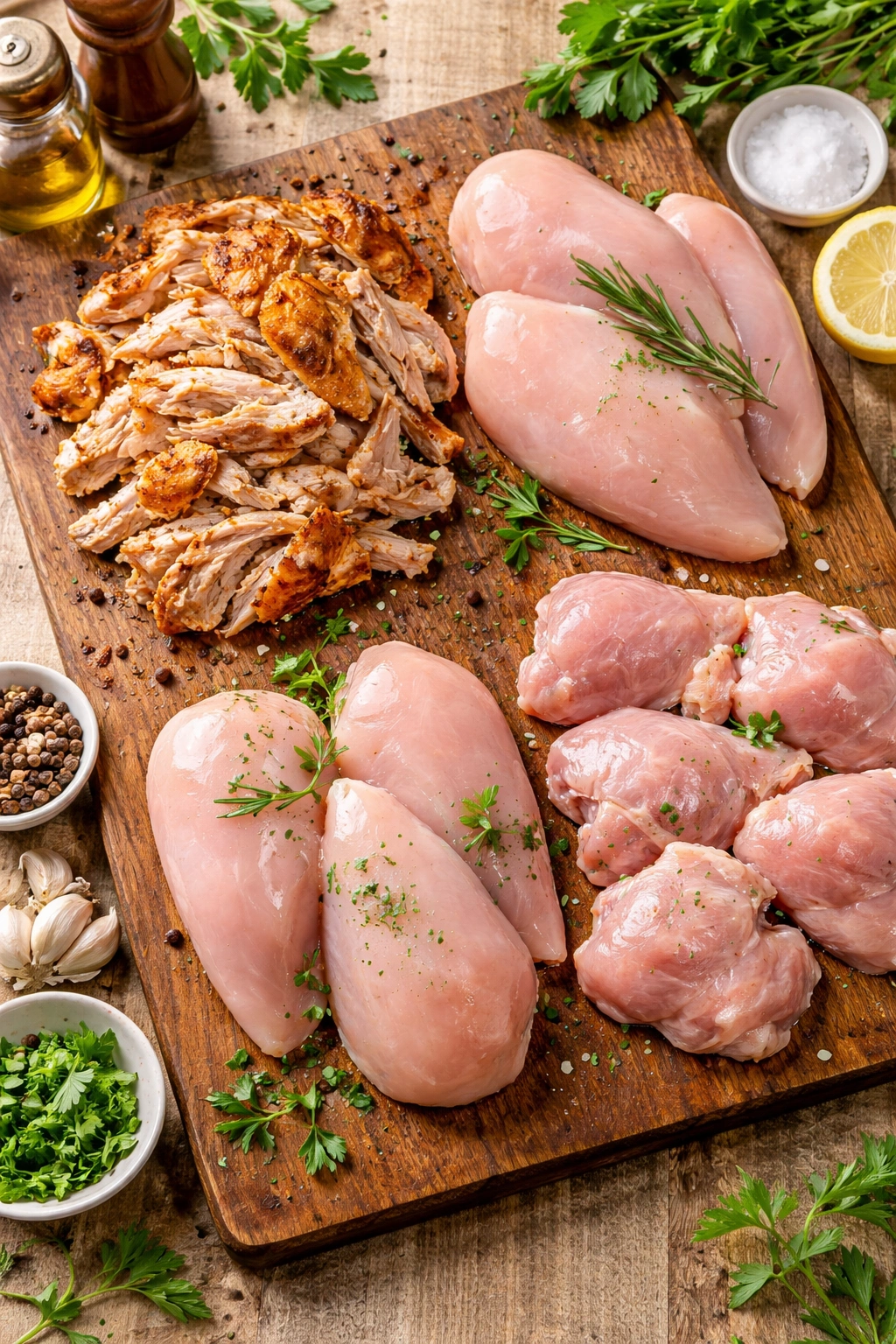 Selection of chicken parts including rotisserie meat, breasts, and thighs on a board