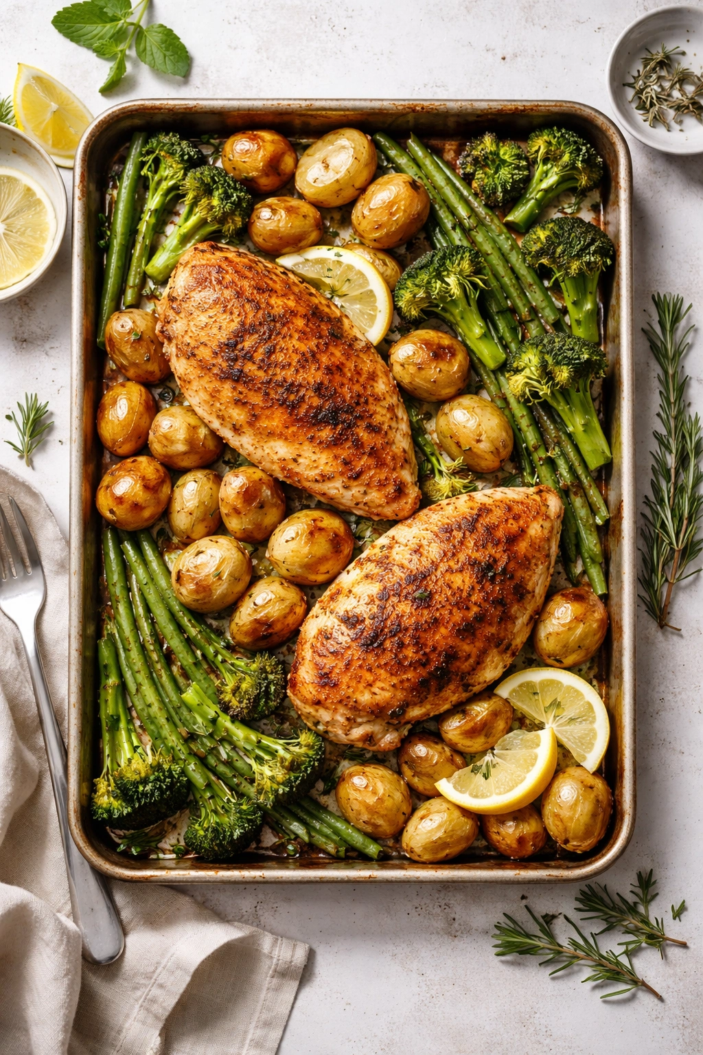Chicken sheet pan dinner for two with potatoes and greens, overhead view