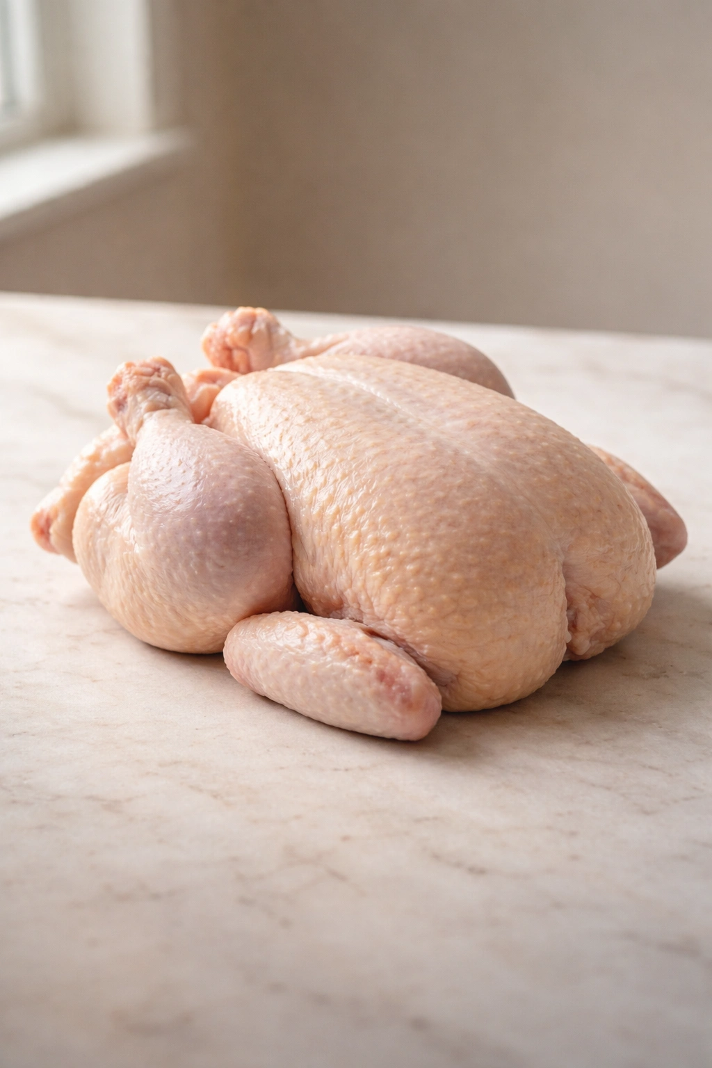 Well-proportioned whole chicken ready for roasting