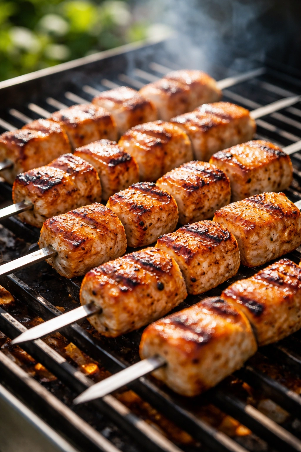 Close-up of chicken skewers on a grill with uniform 1-inch pieces and grill marks