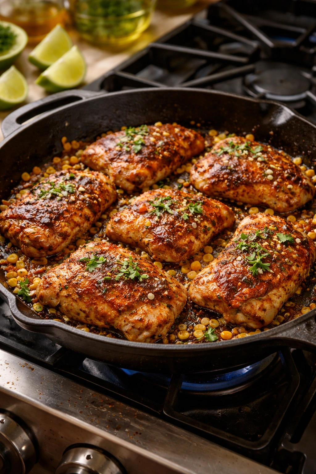 Golden brown chicken searing in a skillet