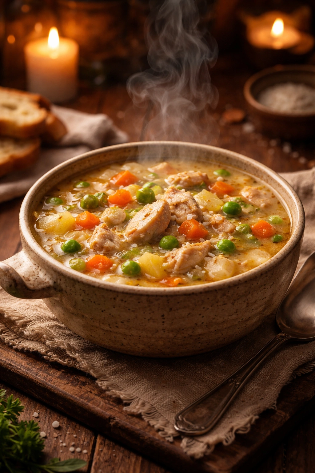 Steaming bowl of chicken soup in a rustic ceramic bowl with warm lighting
