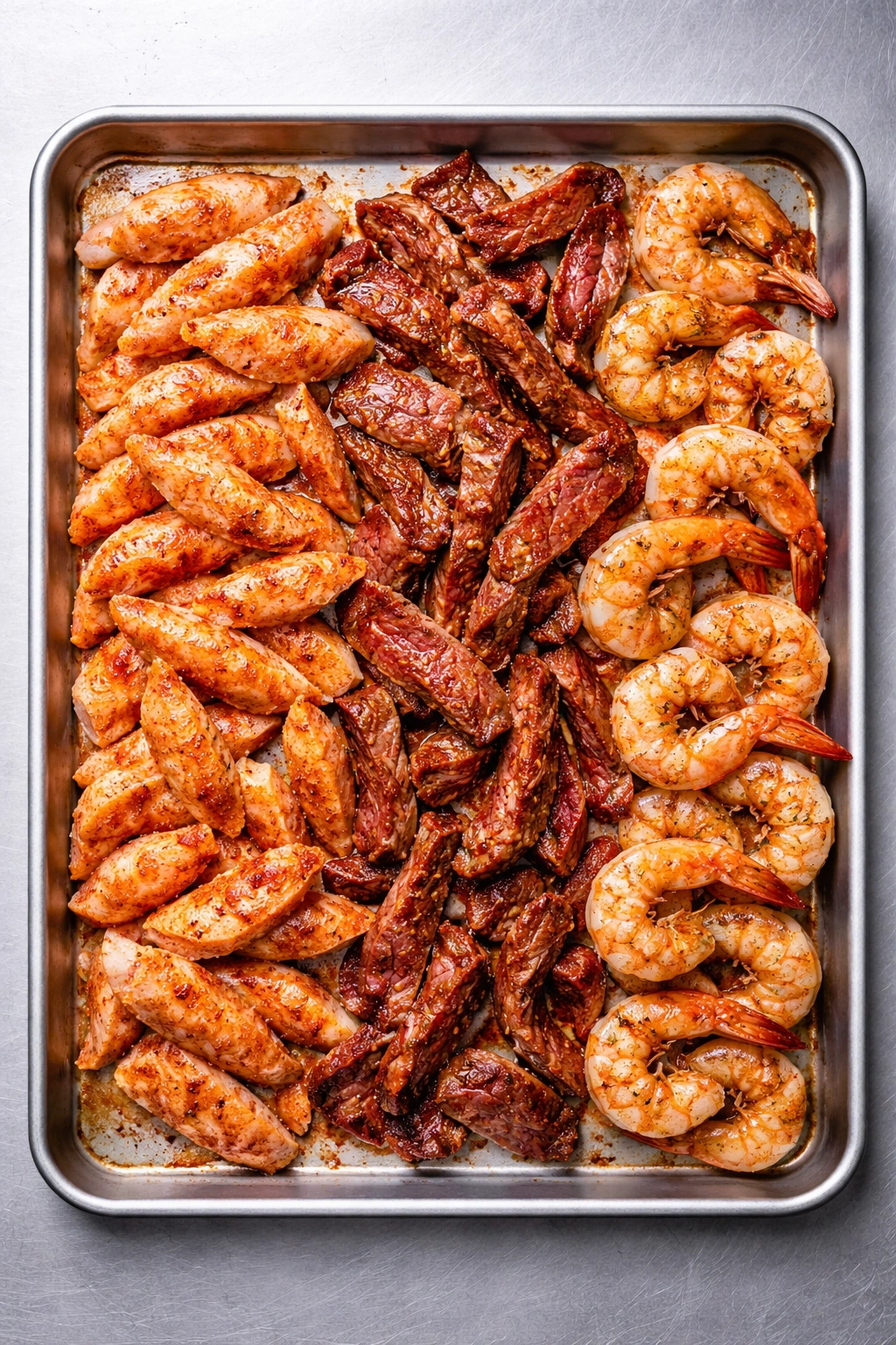 Three protein types (chicken, steak, and shrimp) arranged on a sheet pan.