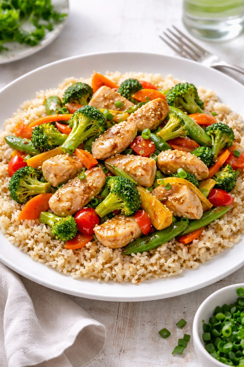 Chicken stir-fry with brown rice and vegetables on a plate