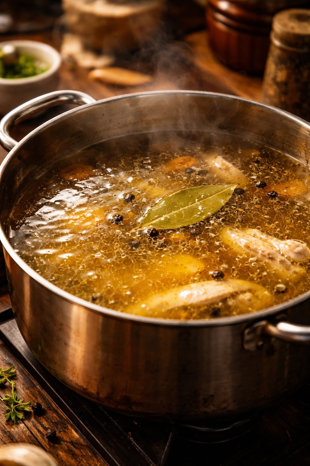 Shimmering chicken stock simmering in a rustic pot with steam