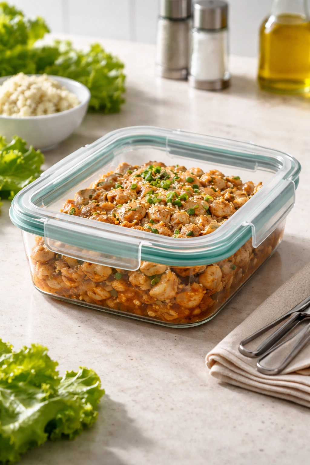 Sealed container of cooked chicken in sauce stored properly for refrigeration