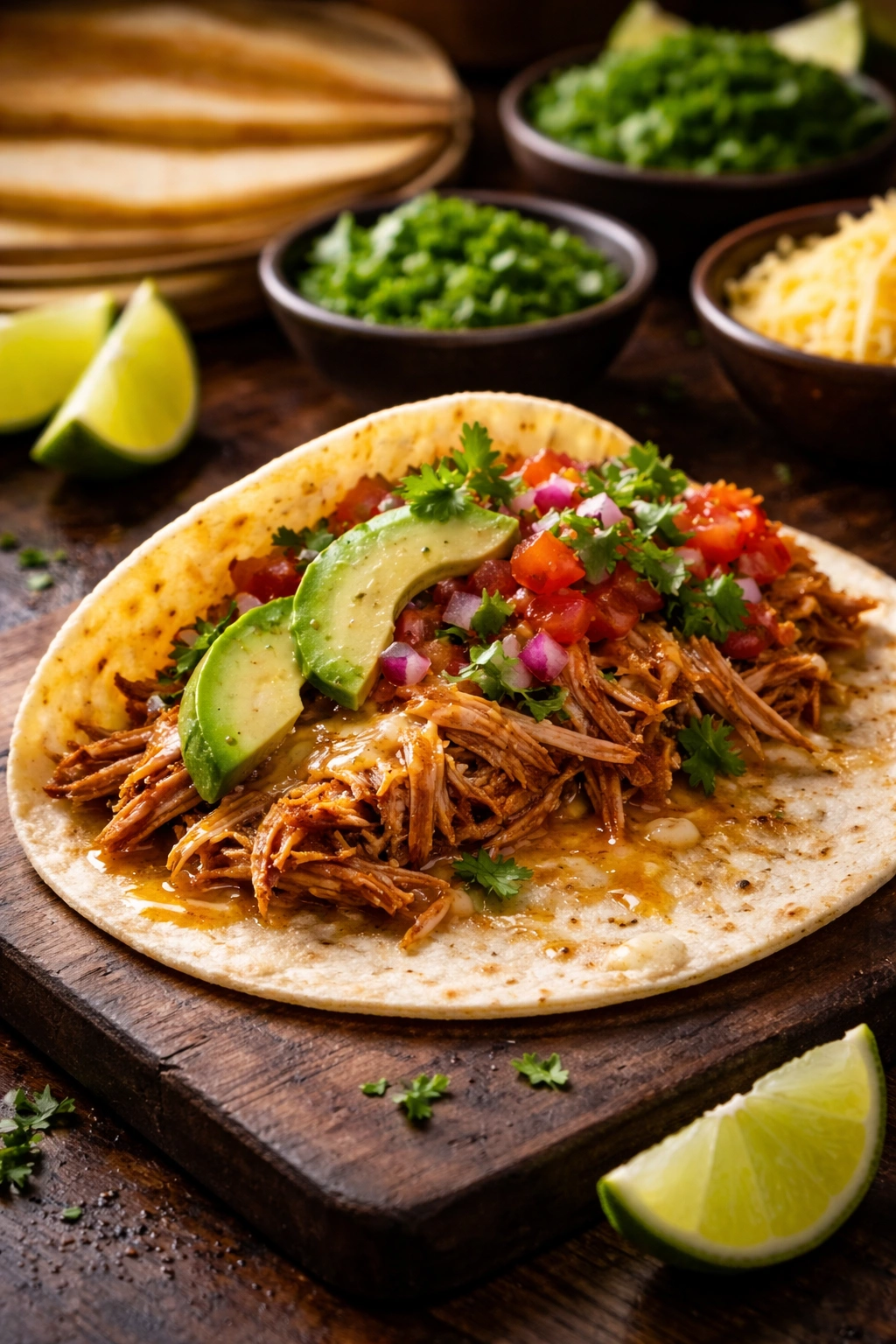 Chicken taco on a dark surface with melted cheese