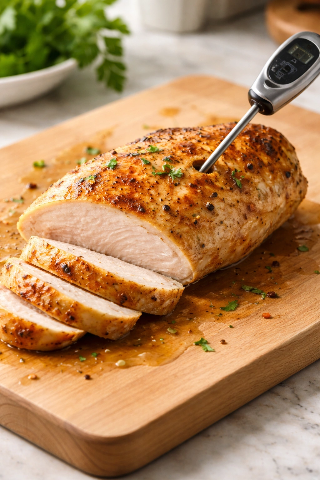 Chicken breast with thermometer showing texture and juiciness