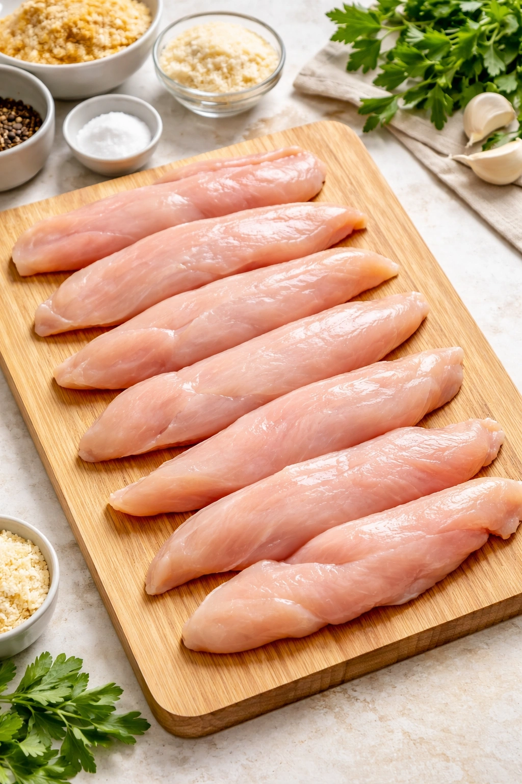 Raw chicken tenderloins on a cutting board