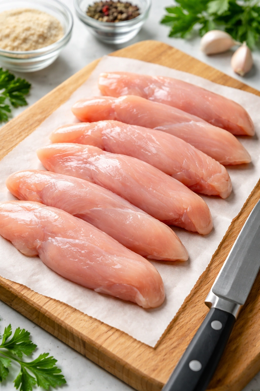 Raw chicken tenderloins arranged on a cutting board.