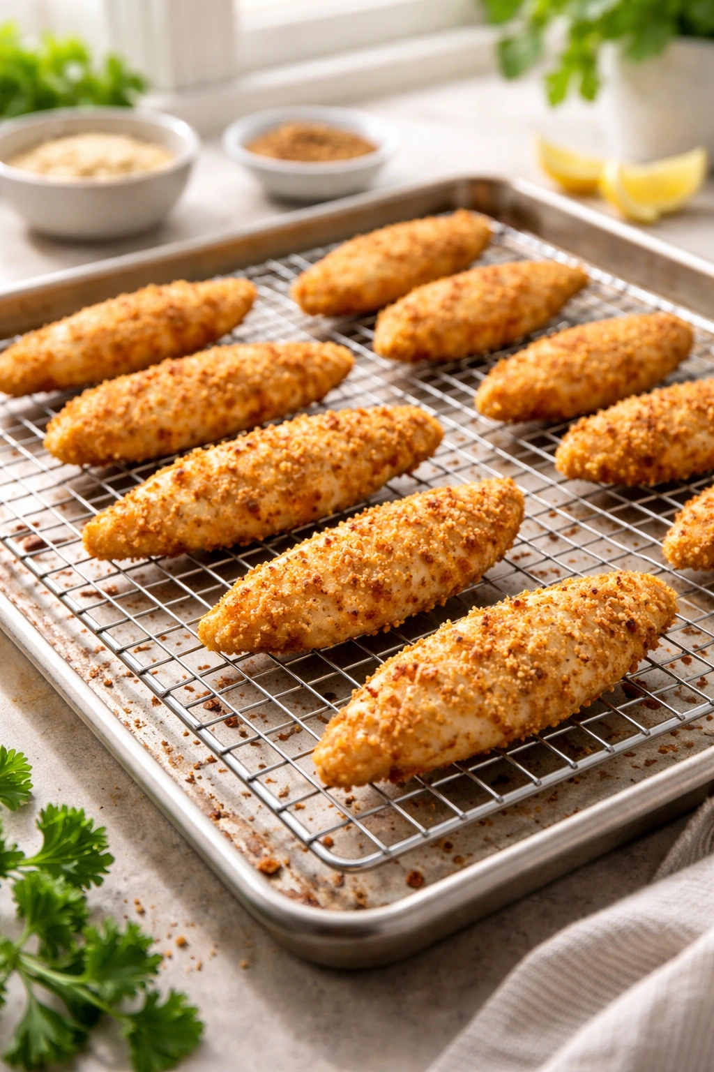 Evenly spaced chicken tenders on a wire rack over a sheet pan