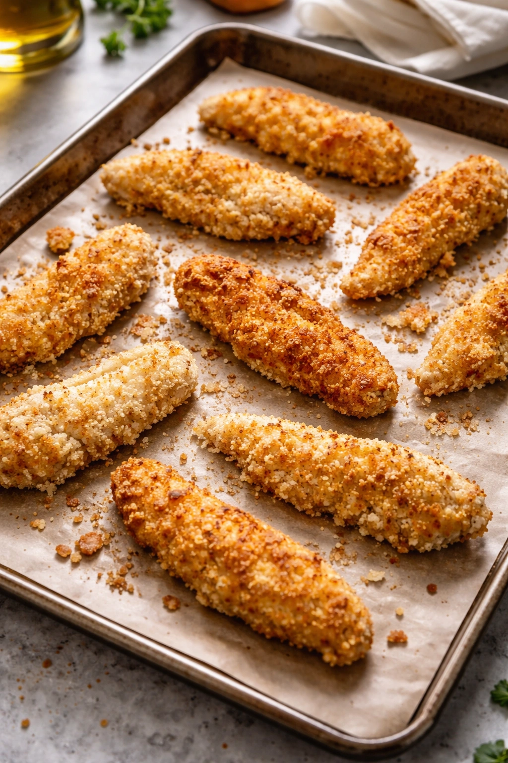 Tenders with uneven breading on a baking sheet illustrating common mistakes