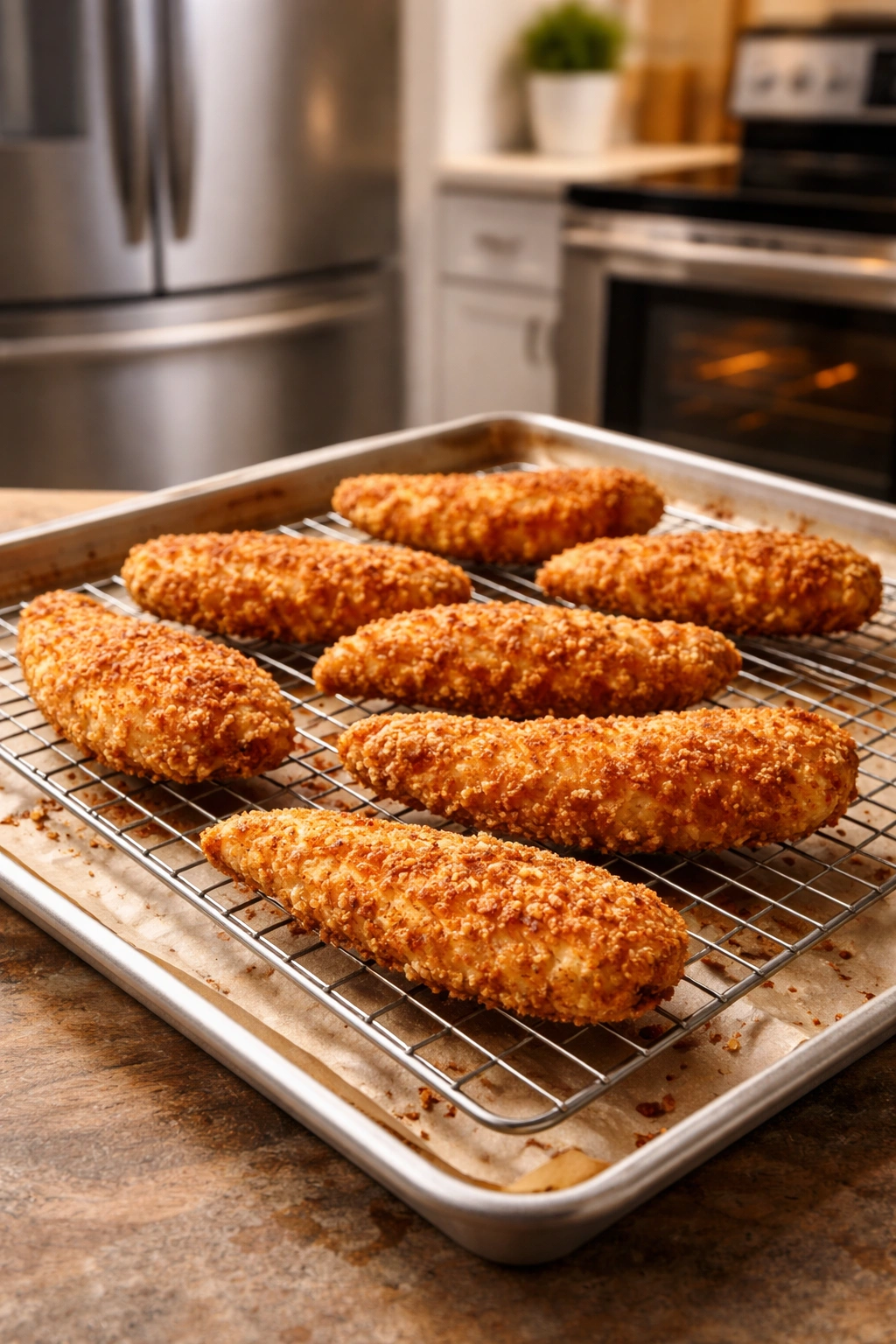 Cooked chicken tenders on a wire rack with fridge and oven in background