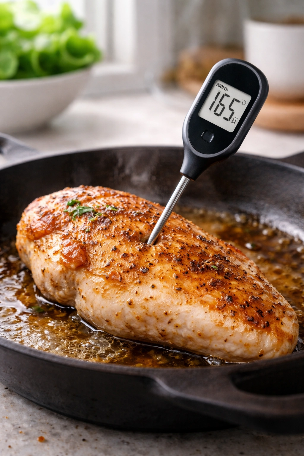 Close-up of a chicken breast checked with thermometer to ensure perfect doneness