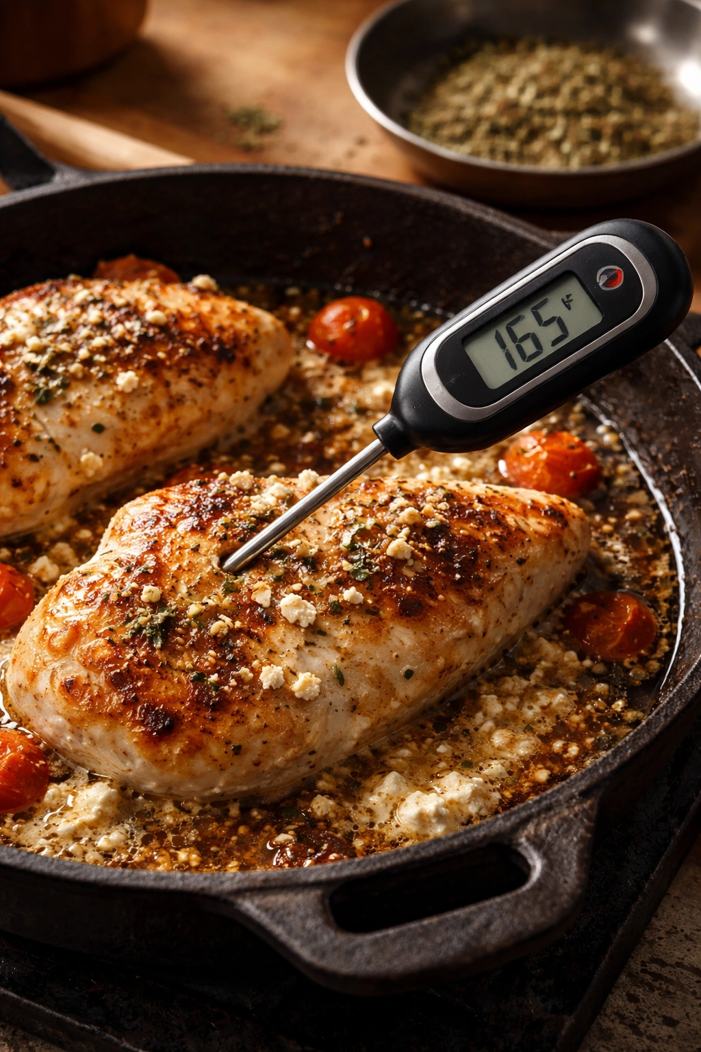 Thermometer in thick chicken breast during searing for precise doneness.