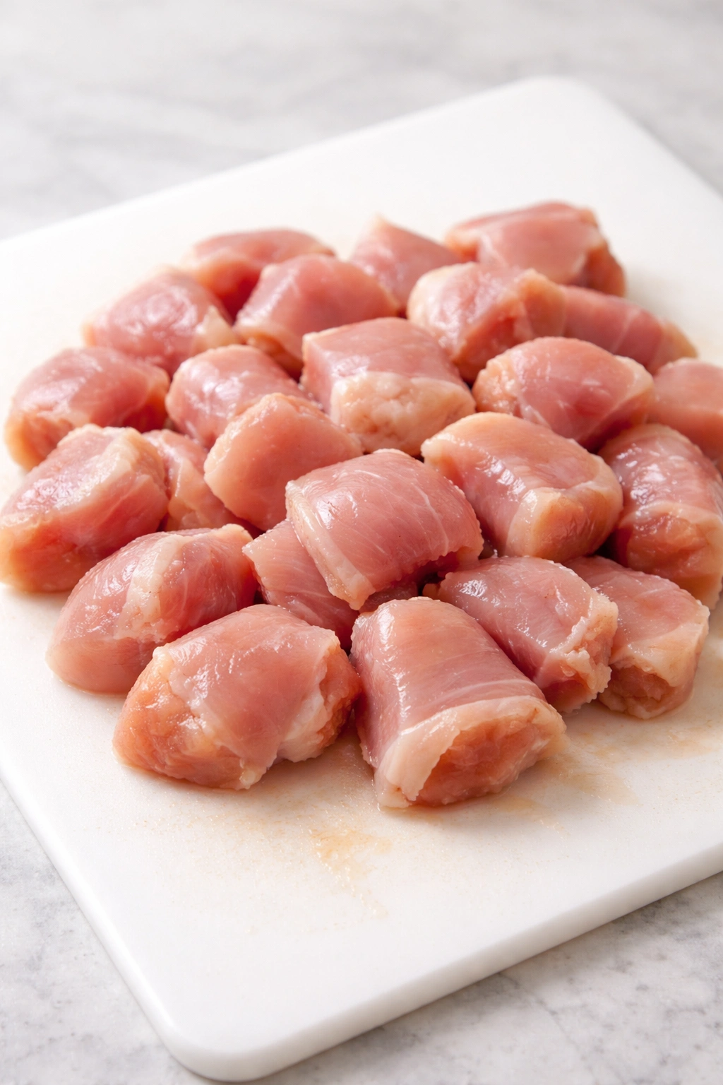 Boneless chicken thigh cut into bite-sized chunks.