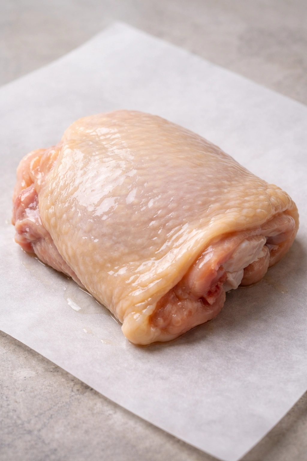 Wet-looking skin on chicken thigh illustrating common mistake