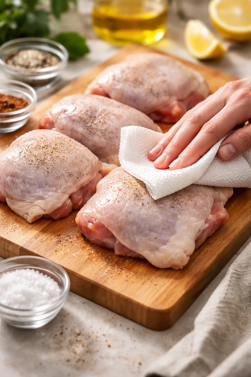 Patting dry chicken thighs on a cutting board for seasoning