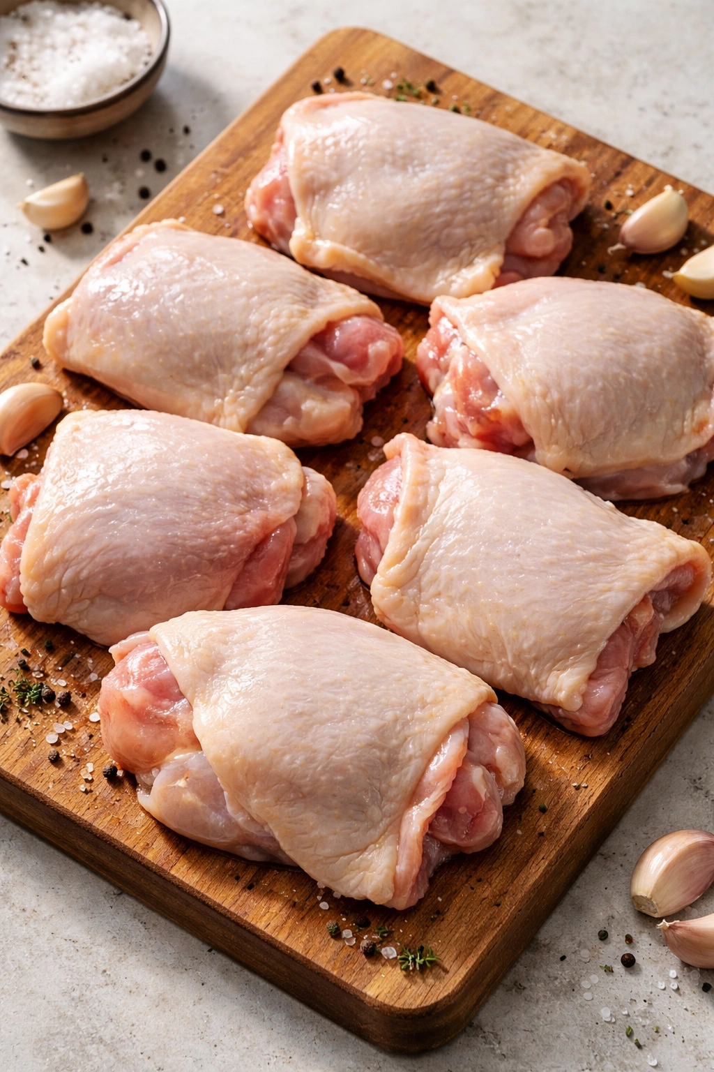 Raw chicken thighs on cutting board for adobo