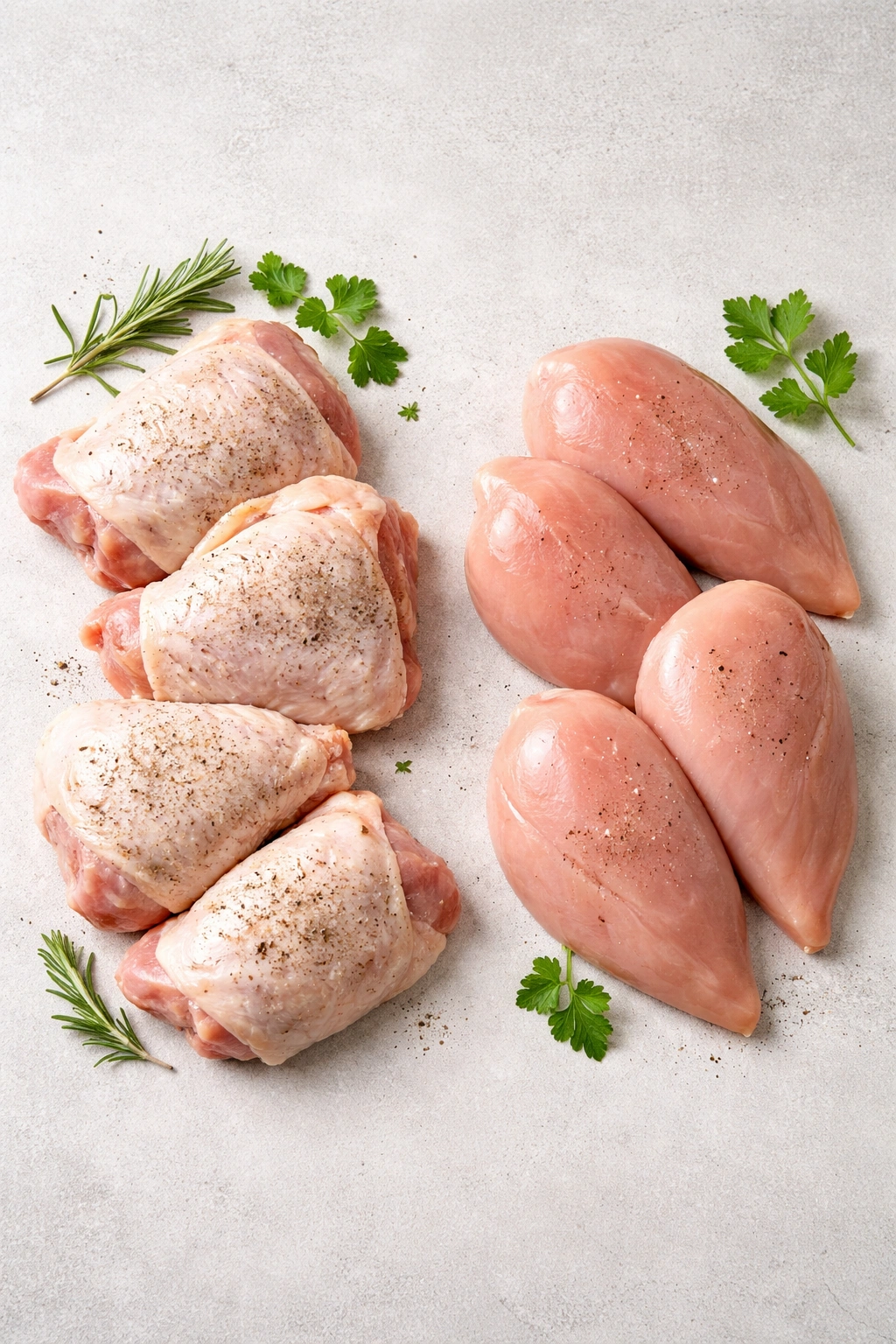 Chicken thighs and breasts arranged for comparison