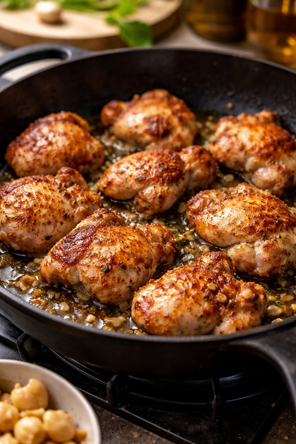 Chicken thigh pieces browning in a skillet with a golden crust