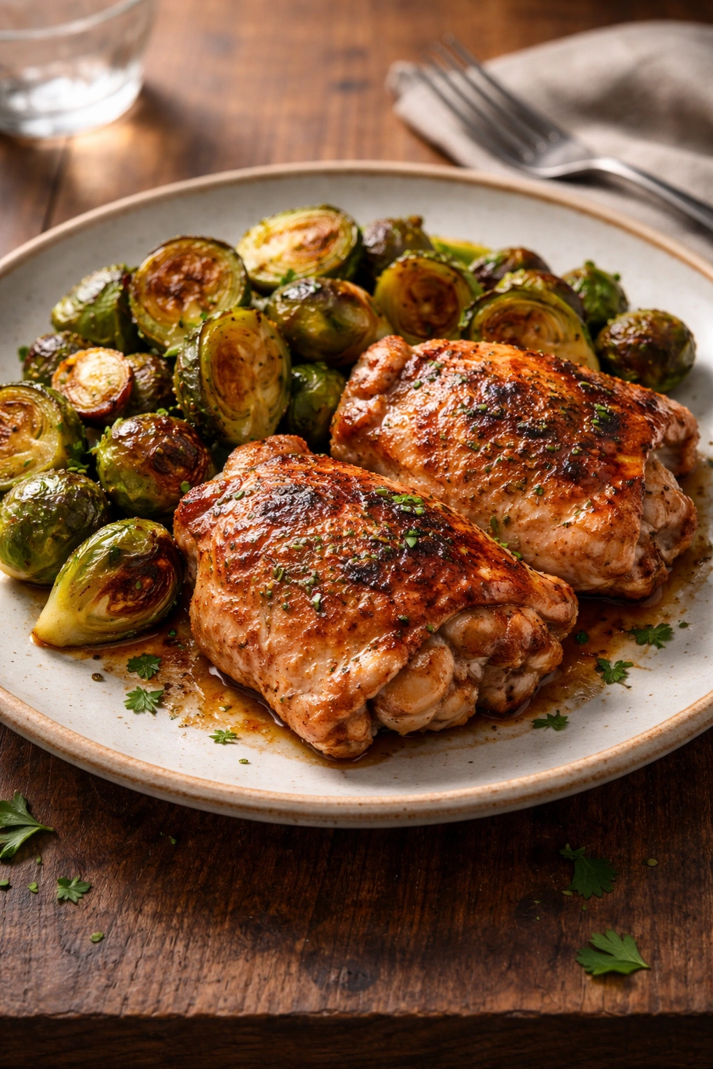 Grilled chicken thighs with roasted Brussels sprouts on a rustic plate