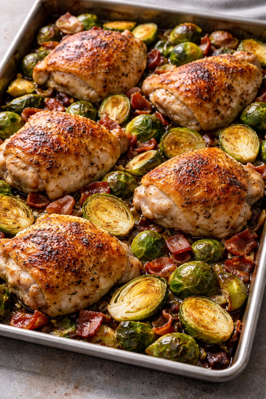 Sheet-pan chicken thighs with Brussels sprouts and bacon