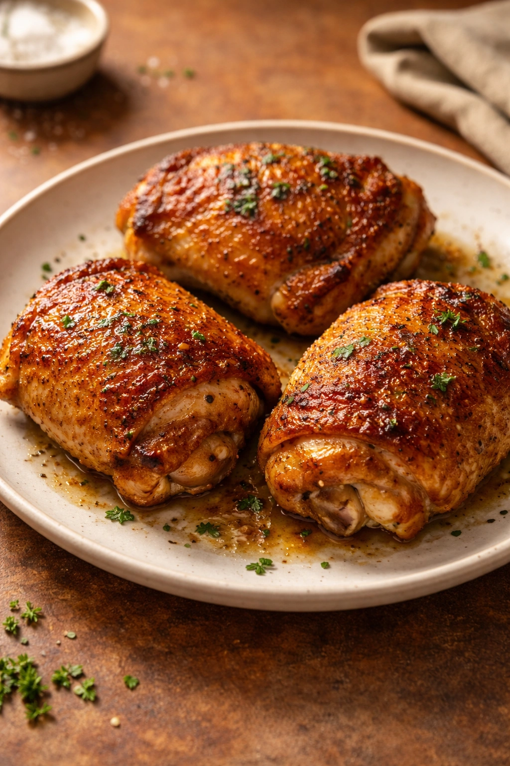 Golden roasted chicken thighs with crispy skin on plate