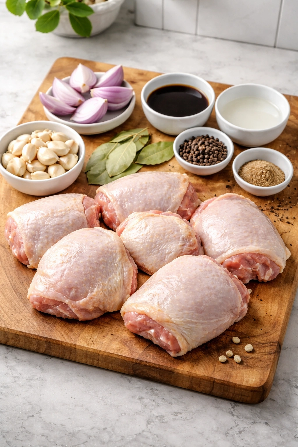 Raw ingredients for adobo on wooden board