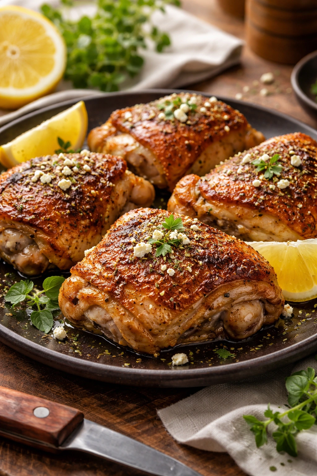 Close-up of crispy-skinned chicken thighs on a dark plate