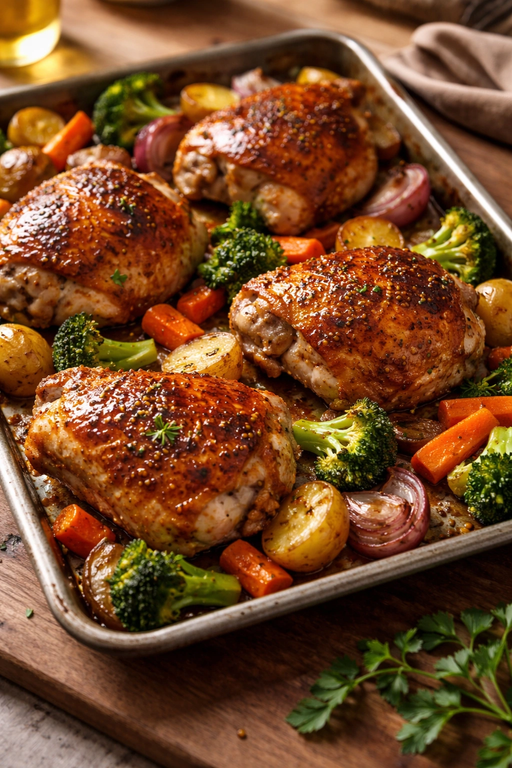 Honey mustard chicken thighs with roasted vegetables on sheet pan