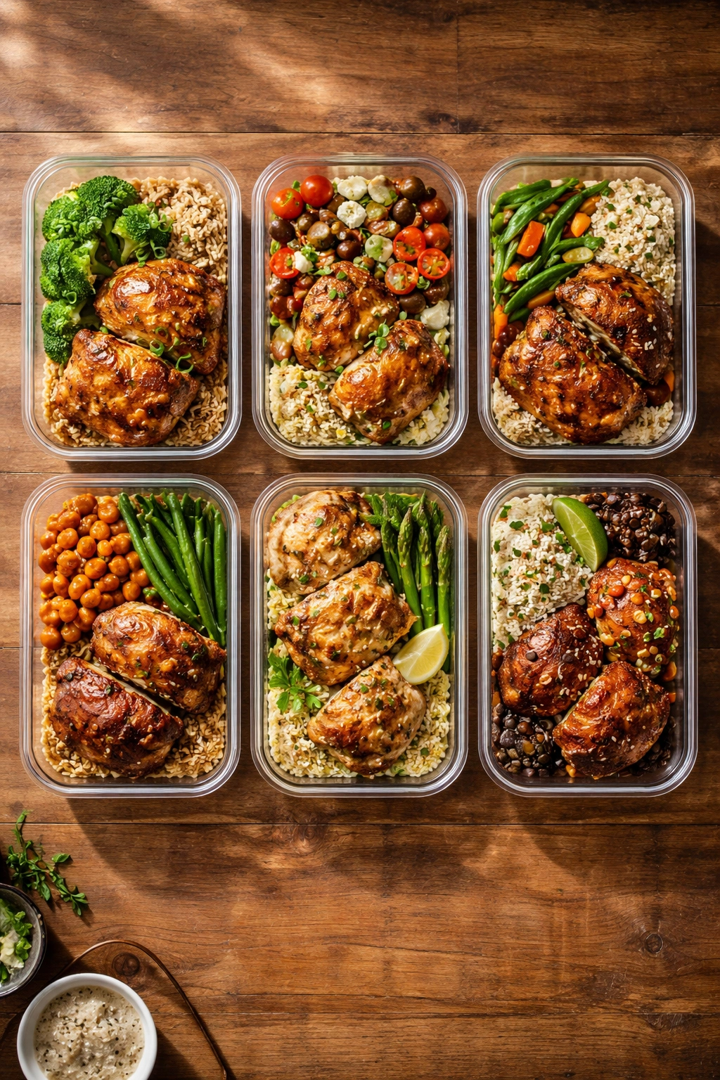 Six chicken thighs arranged on wood surface to suggest a week-long meal prep plan