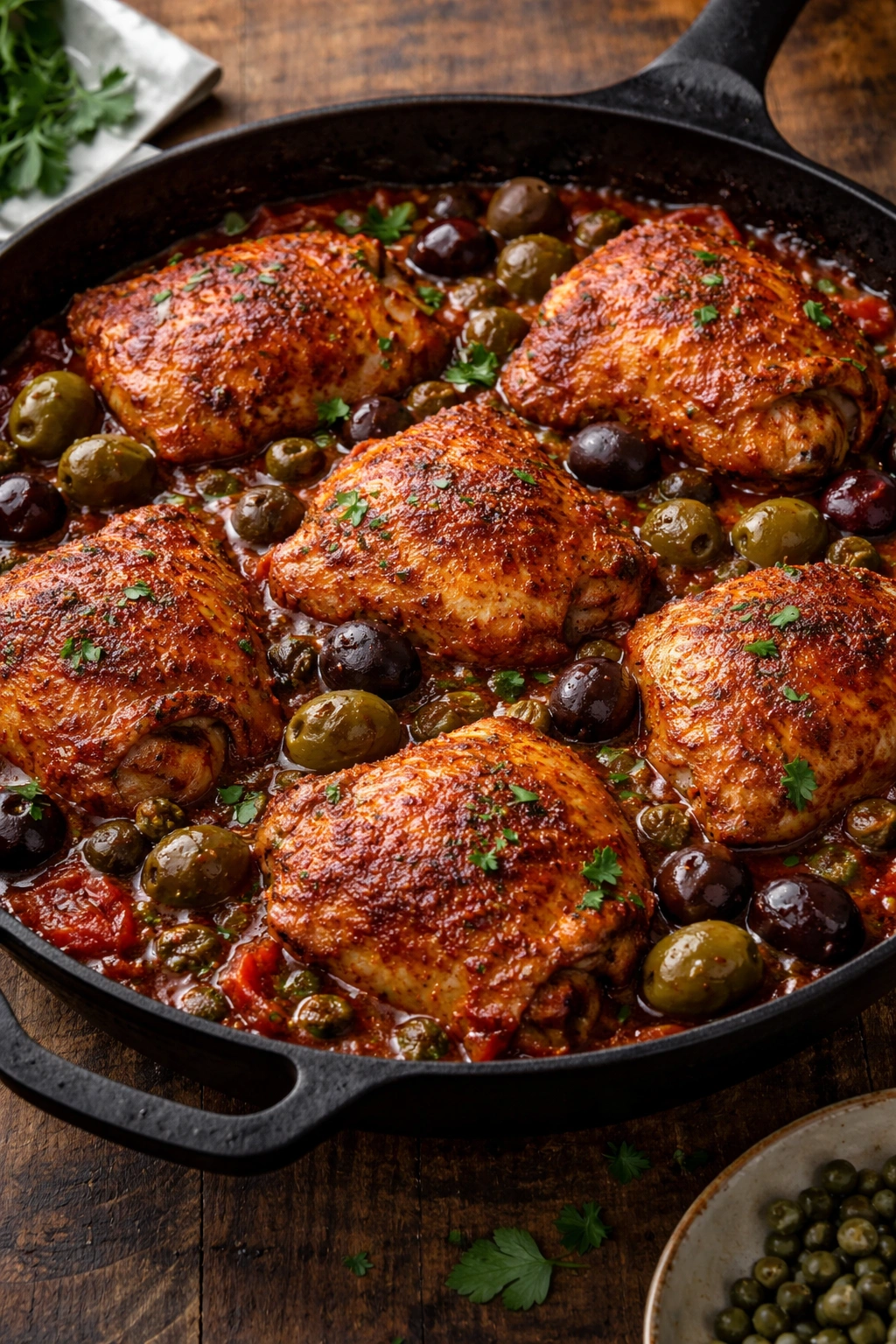 Chicken thighs in tomato sauce with olives and capers in a skillet
