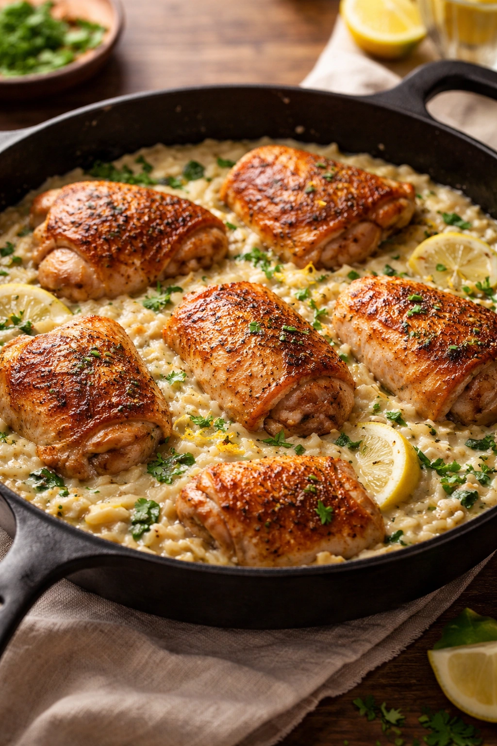 Crispy chicken thighs with creamy lemon garlic orzo in a skillet