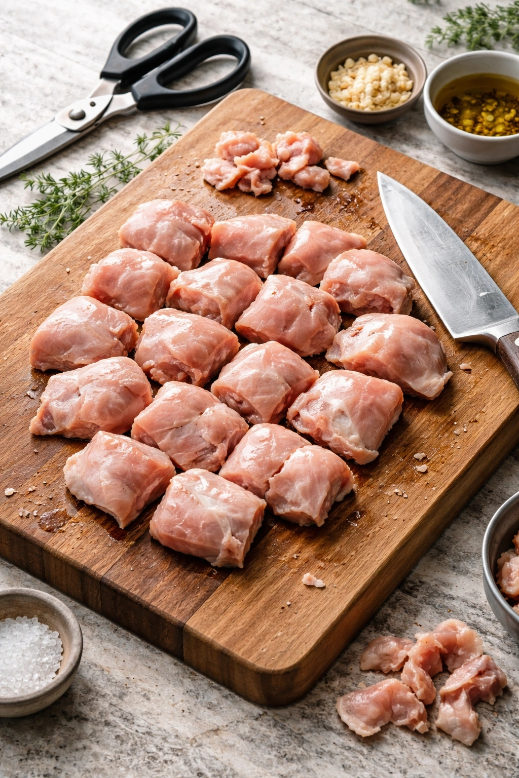 Uniform chicken thigh cubes on cutting board with kitchen shears