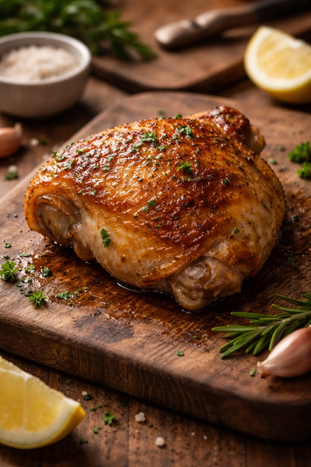 Close-up of a bone-in skin-on chicken thigh with crispy skin on a wooden board