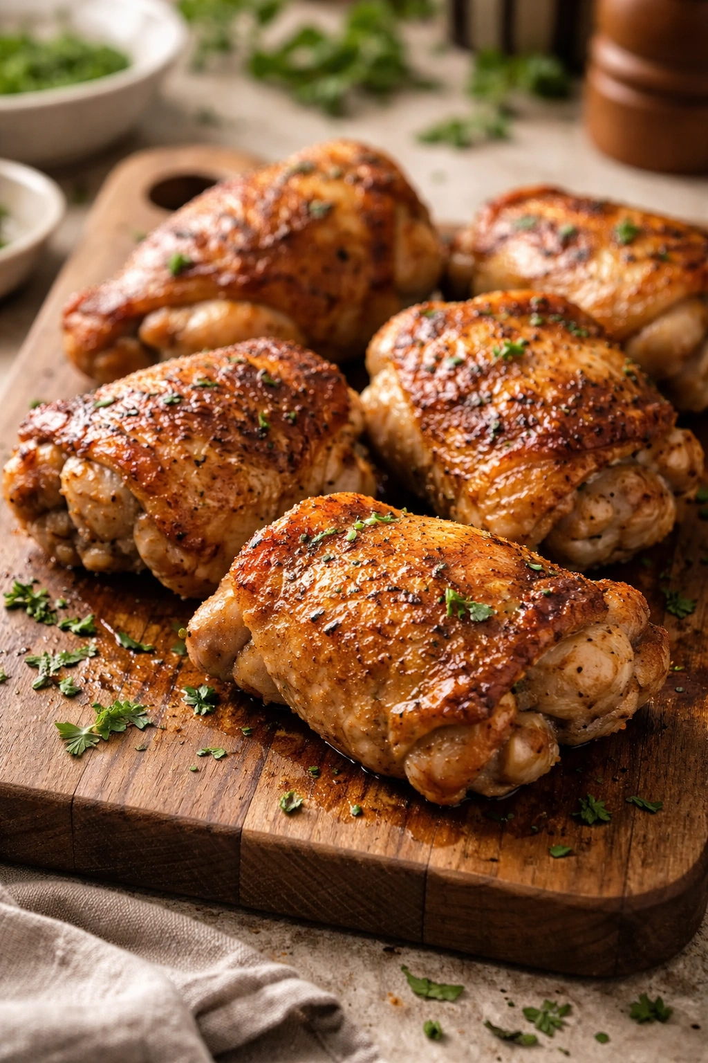 Close-up of crispy-skinned chicken thighs on a wooden board