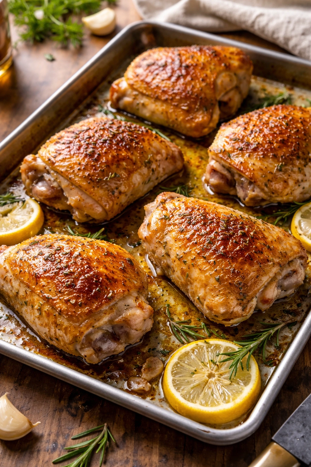 Bone-in skin-on chicken thighs on a sheet pan
