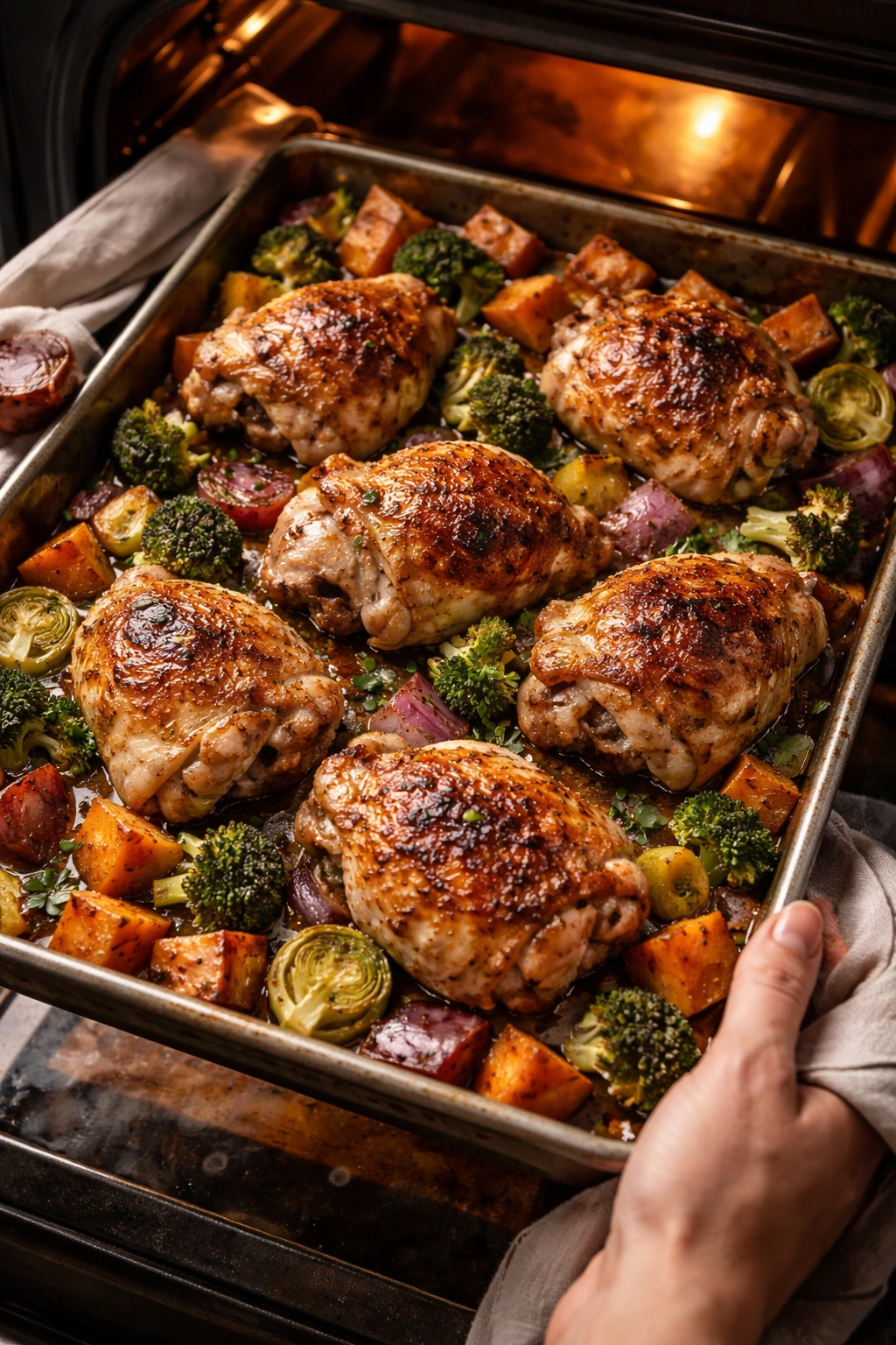 Top-down view of chicken thighs on a sheet pan ready for roasting.