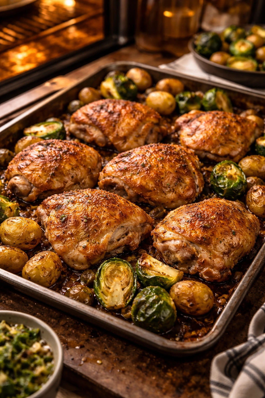 Close up of juicy baked chicken thighs with roasted potatoes and Brussels sprouts on a baking sheet