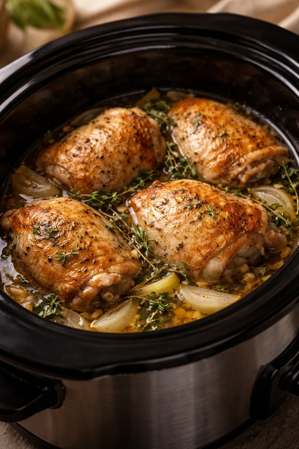 Juicy bone-in chicken thighs in a slow cooker with stock and aromatics