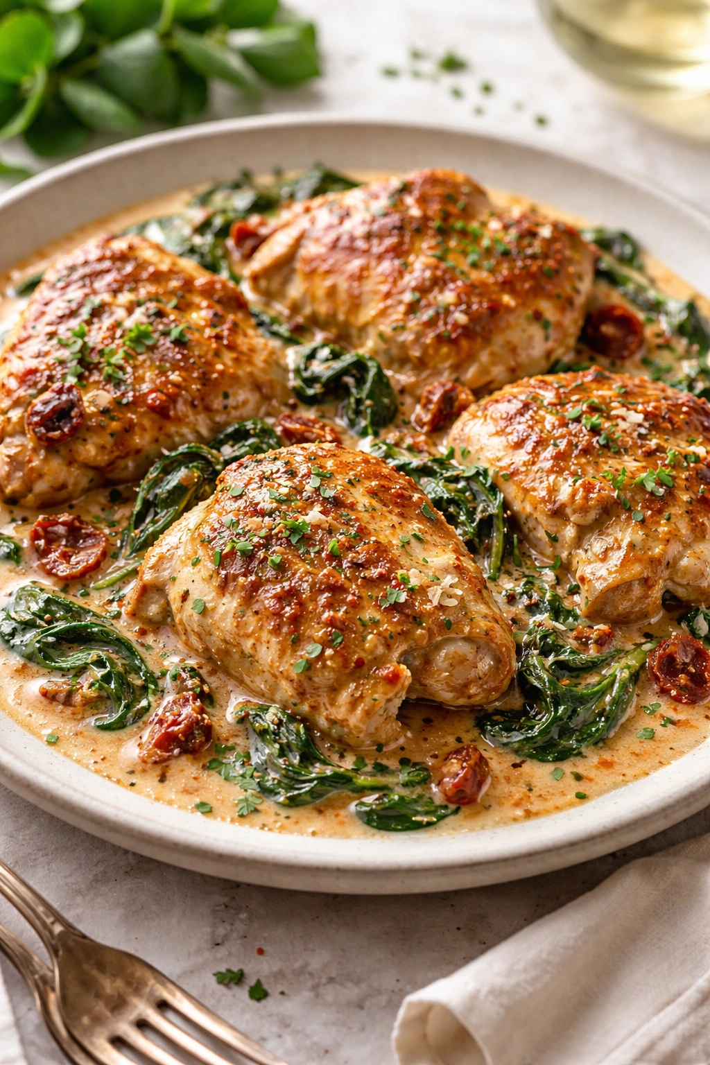 Creamy Tuscan chicken thighs with spinach plated for keto dinner