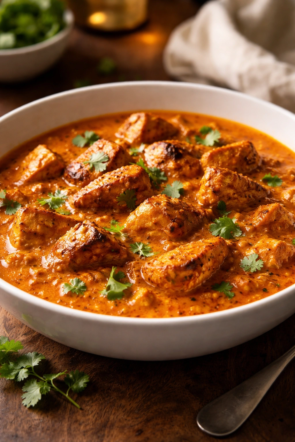 Close-up of chicken tikka masala in a creamy orange sauce in a white bowl