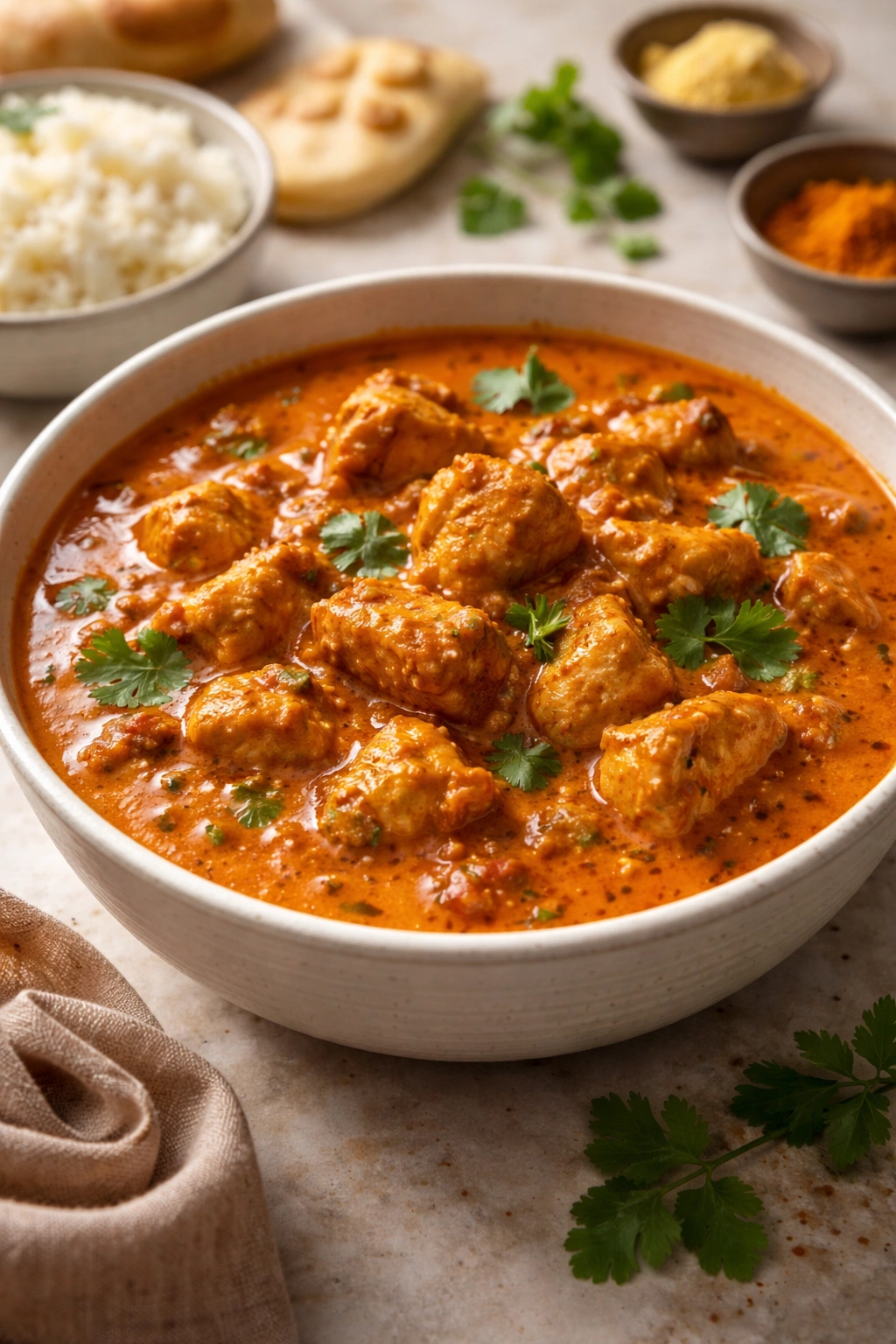 Creamy chicken tikka masala in an orange-red tomato-cream sauce