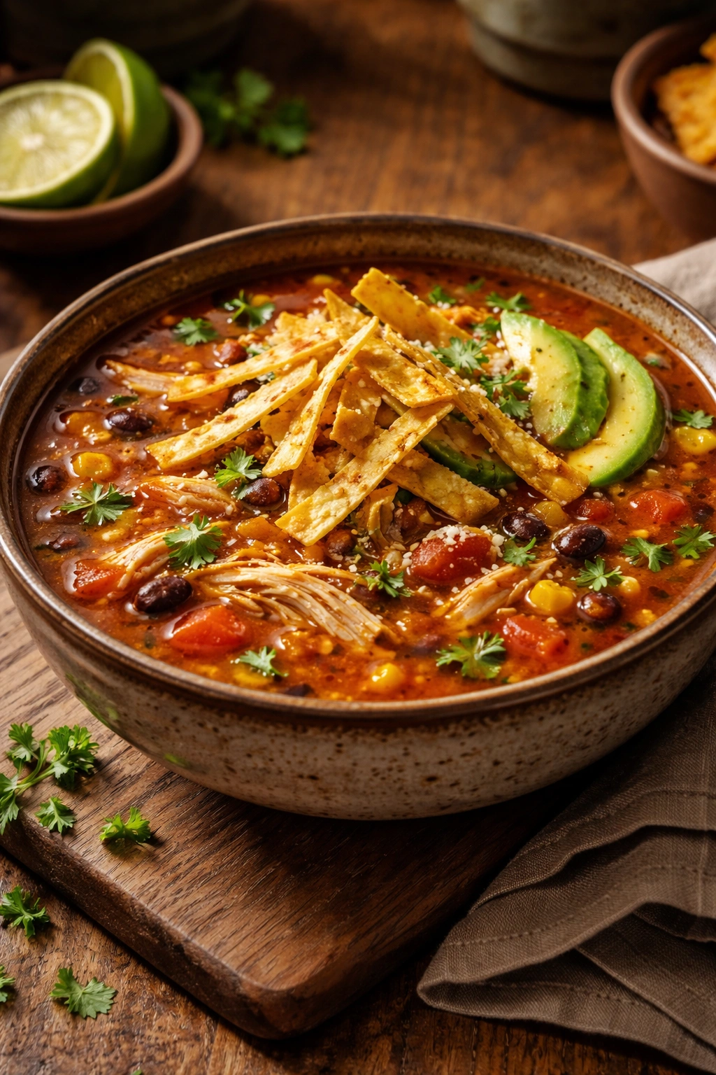 Chicken Tortilla Soup with tortilla strips in a rustic bowl.